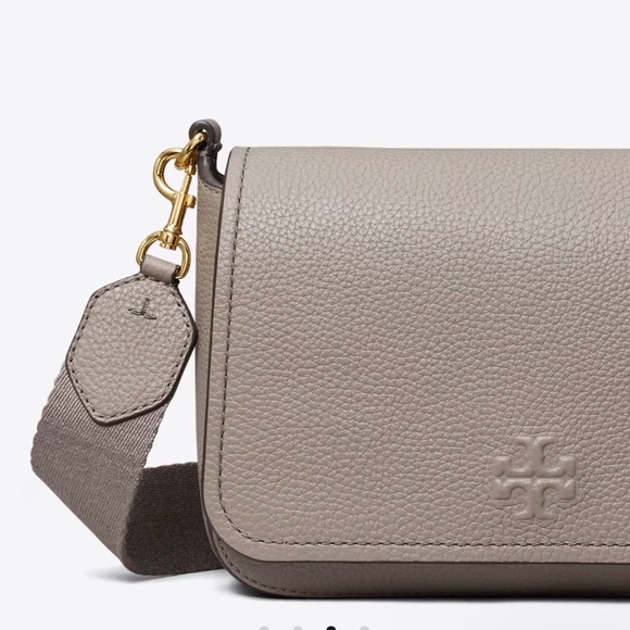 Tory Burch Pebbled Leather Flap Crossbody in Light Taupe Gray - Picture 3 of 9